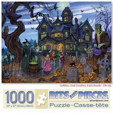 Cover art for Bits and Pieces - 1000 Piece Jigsaw Puzzle for Adults 20" x 27"  - Goblins and Goodies and Ghouls - Oh My - 1000 pc Haunted House Halloween Trick or Treat Jigsaw by Artist K. Sean Sulivan