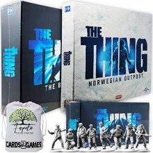Cover art for The Thing: The Board Game Base Plus The Norwegian Outpost Expansion and Human Miniatures Set Bundle with Random Color Drawstring Bag