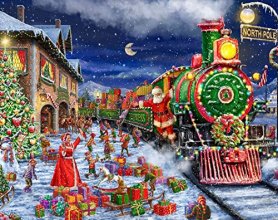 Cover art for Springbok- Santa Express - 1000 Piece Jigsaw Puzzle- Colorful Holiday Train Illustration with Santa, Elves and Presents