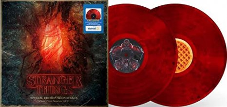 Cover art for Stranger Things Special Edition Soundtrack (Music From Seasons 1 & 2) (Exclusive Red with Smoky Black Swirls Vinyl) plus Poster and Slip Mat
