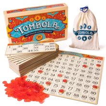 Cover art for Brybelly Tombola Bingo Board Game | The Italian Game of Chance for Family, Friends and Large Parties Up to 24 Players | Includes Calling Board, 90 Tombolini Tiles, 24 Double-Sided Cards and 360 Chips