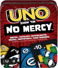 Cover art for Mattel Games UNO Show ‘em No Mercy Card Game in Storage & Travel Tin for Kids, Adults & Family Night with Extra Cards, Special Rules & Tougher Penalties (Amazon Exclusive)