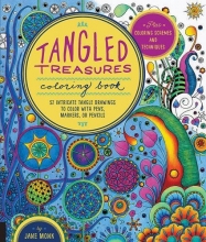 Cover art for Tangled Treasures Coloring Book: 52 Intricate Tangle Drawings to Color with Pens, Markers, or Pencils 