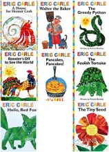 Cover art for The Eric Carle Library Featuring 8 Classic Board Books Boxed Set [The Greedy Python, The Foolish Toroise, Rooster's Off to See the World, Walter the Baker, A House for Hermit Crab, Pancakes Pancakes!, Hello Red Fox, The Tiny Seed]