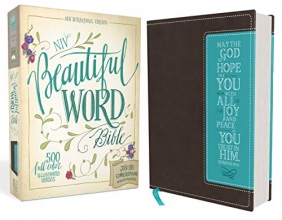 Cover art for NIV, Beautiful Word Bible, Leathersoft, Brown/Blue: 500 Full-Color Illustrated Verses