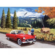Cover art for Bits and Pieces - 300 Piece Jigsaw Puzzle for Adults 18" x 24" - A Stop to Look Back - 300 pc Car Drive Eagle Mountain Road Couple Forest Cottage Jigsaw by Artist Kevin Walsh