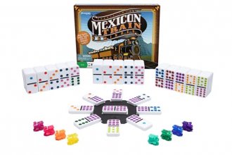 Cover art for Mexican Train Dominoes - Beautiful Color Dot Double 12 Dominoes Set - Includes Train Markers and Hub by Pressman Multi Color, 5"